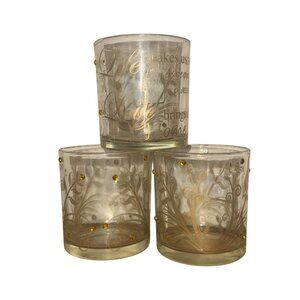Set Of 3 Decorative Glass Candle Holders With Gold Text & Embellished Design
